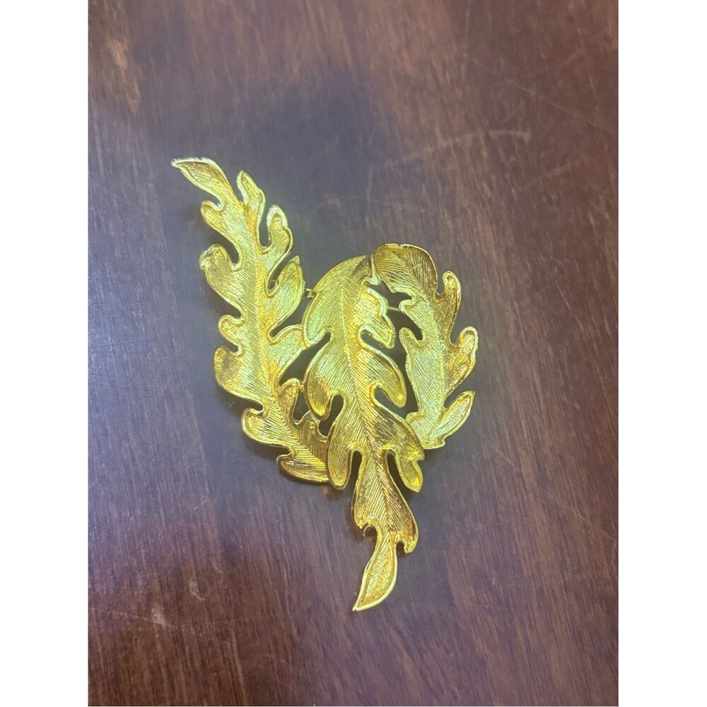 Vintage Gold Tone Textured Leaf Brooch Pin | Abstract Modernist Statement Brooch
